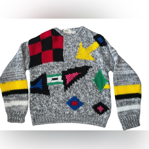 Vintage Sweaters - VINTAGE 80s funky geometric multicolor‎ hand knit L